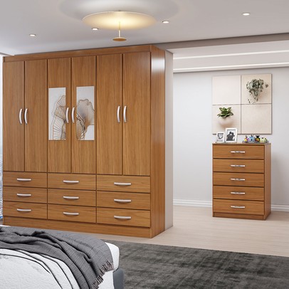 Guarda-Roupa Casal Vivian 6 Potas 9 Gavetas e Espelho com Cômoda 5 Gavetas Cinamomo - Panorama Móveis