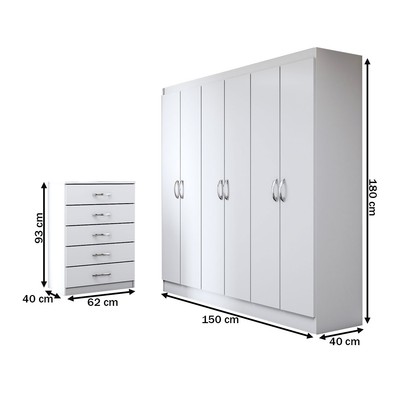 Guarda-Roupa Casal Amelia 6 Portas 2 Gavetas com Cômoda 5 Gavetas Branco - Panorama Móveis