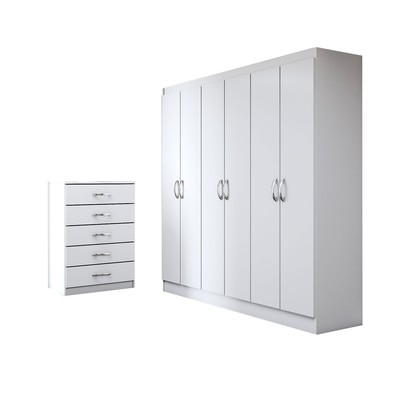 Guarda-Roupa Casal Amelia 6 Portas 2 Gavetas com Cômoda 5 Gavetas Branco - Panorama Móveis