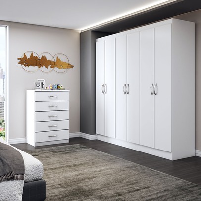 Guarda-Roupa Casal Amelia 6 Portas 2 Gavetas com Cômoda 5 Gavetas Branco - Panorama Móveis