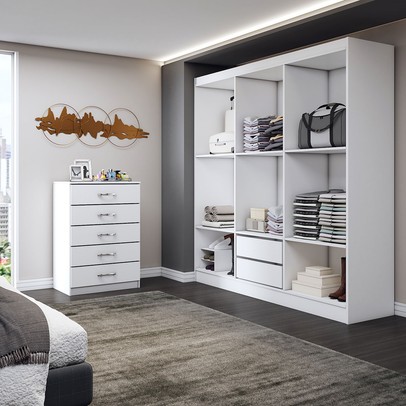 Guarda-Roupa Casal Amelia 6 Portas 2 Gavetas com Cômoda 5 Gavetas Branco - Panorama Móveis
