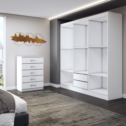 Guarda-Roupa Casal Amelia 6 Portas 2 Gavetas com Cômoda 5 Gavetas Branco - Panorama Móveis