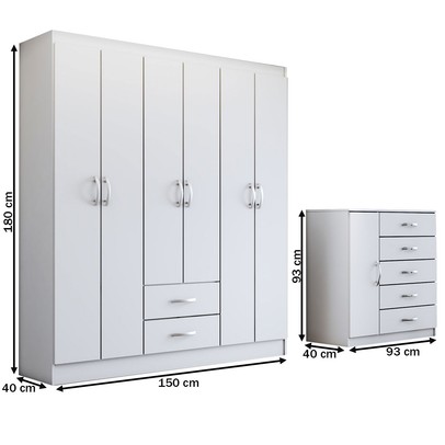 Guarda-Roupa Casal Emily 6 Portas 2 Gavetas com Cômoda 1 Porta 5 Gavetas Branco - Panorama Móveis