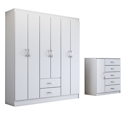 Guarda-Roupa Casal Emily 6 Portas 2 Gavetas com Cômoda 1 Porta 5 Gavetas Branco - Panorama Móveis