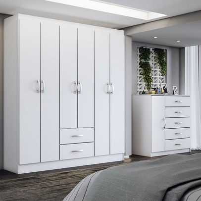 Guarda-Roupa Casal Emily 6 Portas 2 Gavetas com Cômoda 1 Porta 5 Gavetas Branco - Panorama Móveis