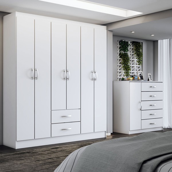 Guarda-Roupa Casal Emily 6 Portas 2 Gavetas com Cômoda 1 Porta 5 Gavetas Branco - Panorama Móveis