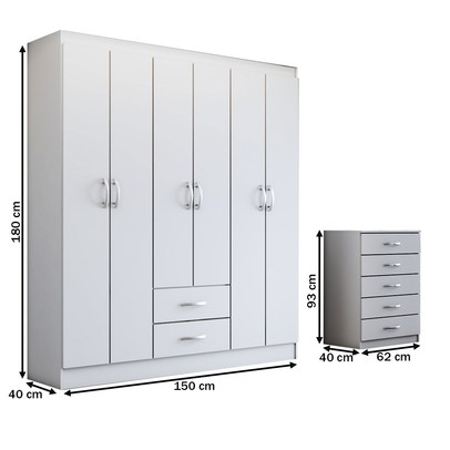 Guarda-Roupa Casal Caleb 6 Portas 2 Gavetas com Cômoda 5 Gavetas Branco - Panorama Móveis