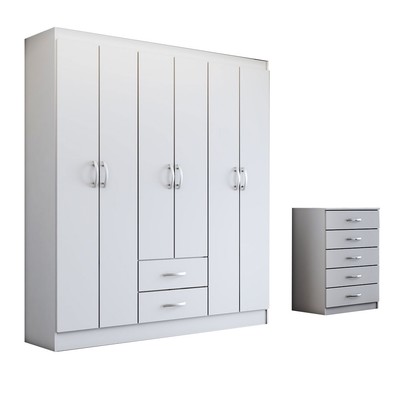 Guarda-Roupa Casal Caleb 6 Portas 2 Gavetas com Cômoda 5 Gavetas Branco - Panorama Móveis