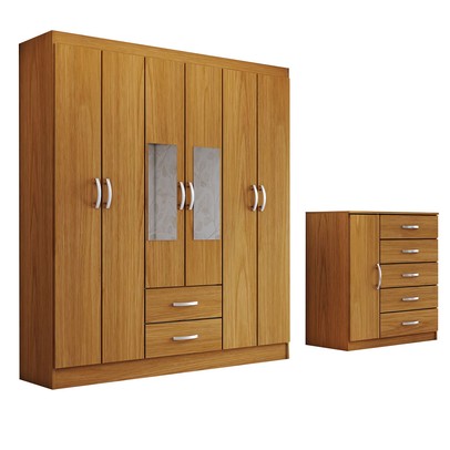 Guarda-Roupa Casal Claire 6 Portas 2 Gavetas e Espelho com Cômoda 1 Porta 5 Gavetas Cinamomo - Panorama Móveis