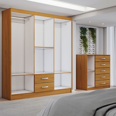 Guarda-Roupa Casal Claire 6 Portas 2 Gavetas e Espelho com Cômoda 1 Porta 5 Gavetas Cinamomo - Panorama Móveis