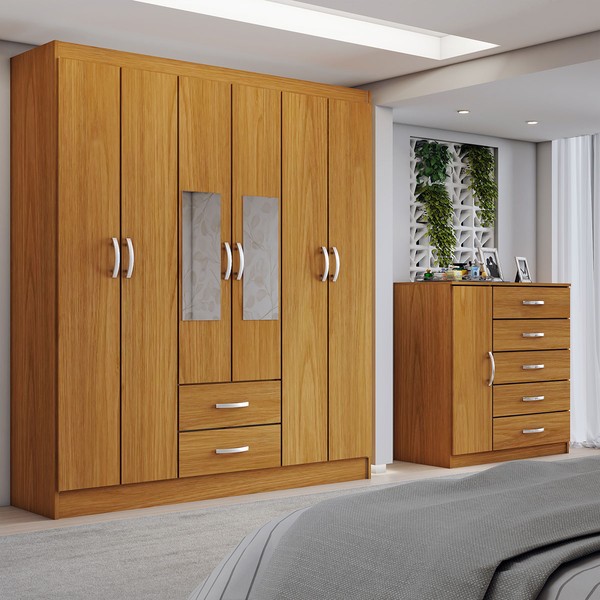 Guarda-Roupa Casal Claire 6 Portas 2 Gavetas e Espelho com Cômoda 1 Porta 5 Gavetas Cinamomo - Panorama Móveis