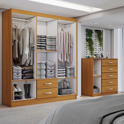 Guarda-Roupa Casal Claire 6 Portas 2 Gavetas e Espelho com Cômoda 1 Porta 5 Gavetas Cinamomo - Panorama Móveis