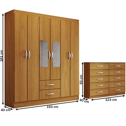 Guarda-Roupa Casal Riley 6 Portas 2 Gavetas e Espelho com Cômoda 10 Gavetas Cinamomo - Panorama Móveis