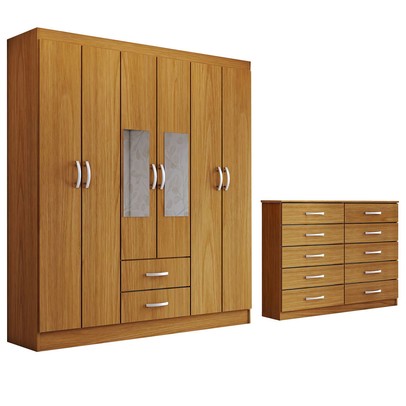 Guarda-Roupa Casal Riley 6 Portas 2 Gavetas e Espelho com Cômoda 10 Gavetas Cinamomo - Panorama Móveis