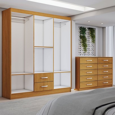 Guarda-Roupa Casal Riley 6 Portas 2 Gavetas e Espelho com Cômoda 10 Gavetas Cinamomo - Panorama Móveis