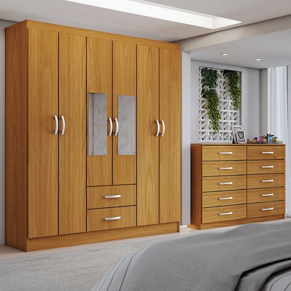 Guarda-Roupa Casal Riley 6 Portas 2 Gavetas e Espelho com Cômoda 10 Gavetas Cinamomo - Panorama Móveis