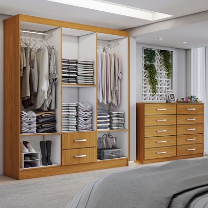 Guarda-Roupa Casal Riley 6 Portas 2 Gavetas e Espelho com Cômoda 10 Gavetas Cinamomo - Panorama Móveis