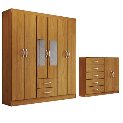 Guarda-Roupa Casal Gavin 6 Portas 2 Gavetas e Espelho com Cômoda 2 Portas 5 Gavetas Cinamomo - Panorama Móveis