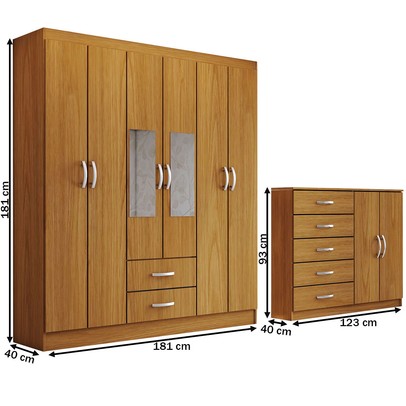 Guarda-Roupa Casal Gavin 6 Portas 2 Gavetas e Espelho com Cômoda 2 Portas 5 Gavetas Cinamomo - Panorama Móveis
