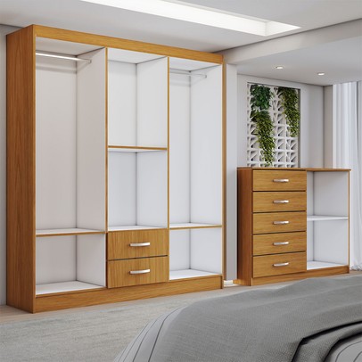 Guarda-Roupa Casal Gavin 6 Portas 2 Gavetas e Espelho com Cômoda 2 Portas 5 Gavetas Cinamomo - Panorama Móveis