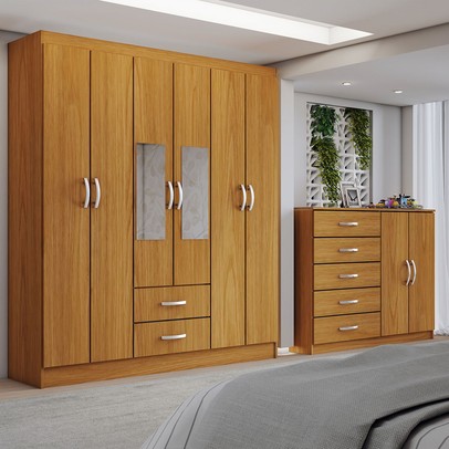 Guarda-Roupa Casal Gavin 6 Portas 2 Gavetas e Espelho com Cômoda 2 Portas 5 Gavetas Cinamomo - Panorama Móveis