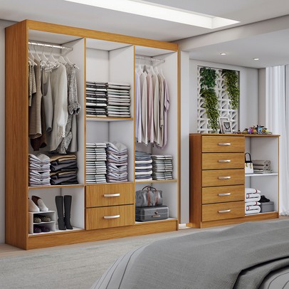 Guarda-Roupa Casal Gavin 6 Portas 2 Gavetas e Espelho com Cômoda 2 Portas 5 Gavetas Cinamomo - Panorama Móveis