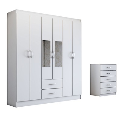 Guarda-Roupa Casal Henry 6 Portas 2 Gavetas e Espelho com Cômoda 5 Gavetas Branco - Panorama Móveis