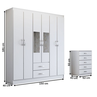 Guarda-Roupa Casal Henry 6 Portas 2 Gavetas e Espelho com Cômoda 5 Gavetas Branco - Panorama Móveis