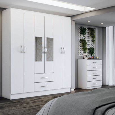 Guarda-Roupa Casal Henry 6 Portas 2 Gavetas e Espelho com Cômoda 5 Gavetas Branco - Panorama Móveis