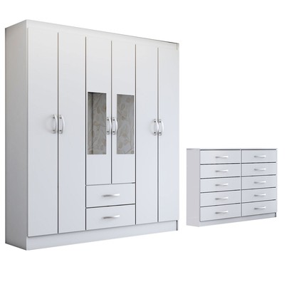 Guarda-Roupa Casal Melanie 6 Portas 2 Gavetas e Espelho com Cômoda 10 Gavetas Branco - Panorama Móveis