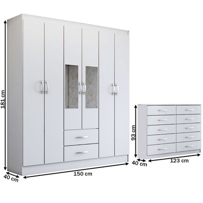 Guarda-Roupa Casal Melanie 6 Portas 2 Gavetas e Espelho com Cômoda 10 Gavetas Branco - Panorama Móveis