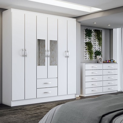 Guarda-Roupa Casal Melanie 6 Portas 2 Gavetas e Espelho com Cômoda 10 Gavetas Branco - Panorama Móveis
