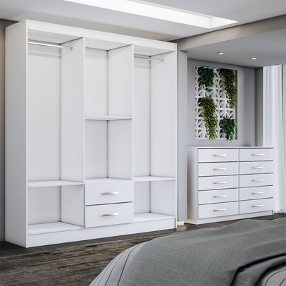 Guarda-Roupa Casal Melanie 6 Portas 2 Gavetas e Espelho com Cômoda 10 Gavetas Branco - Panorama Móveis