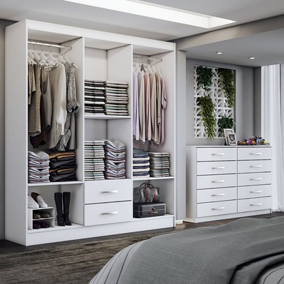 Guarda-Roupa Casal Melanie 6 Portas 2 Gavetas e Espelho com Cômoda 10 Gavetas Branco - Panorama Móveis