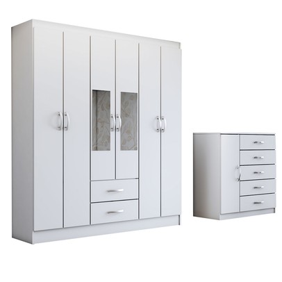 Guarda-Roupa Casal Adam 6 Portas 2 Gavetas e Espelho com Cômoda 1 Porta 5 Gavetas Branco - Panorama Móveis