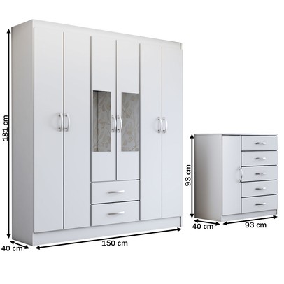 Guarda-Roupa Casal Adam 6 Portas 2 Gavetas e Espelho com Cômoda 1 Porta 5 Gavetas Branco - Panorama Móveis