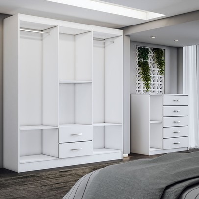 Guarda-Roupa Casal Adam 6 Portas 2 Gavetas e Espelho com Cômoda 1 Porta 5 Gavetas Branco - Panorama Móveis
