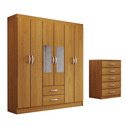 Guarda-Roupa Casal Dominic 6 Portas 2 Gavetas e Espelho com Cômoda 5 Gavetas Cinamomo - Panorama Móveis