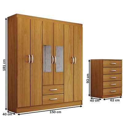 Guarda-Roupa Casal Dominic 6 Portas 2 Gavetas e Espelho com Cômoda 5 Gavetas Cinamomo - Panorama Móveis