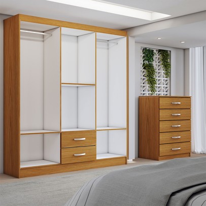 Guarda-Roupa Casal Dominic 6 Portas 2 Gavetas e Espelho com Cômoda 5 Gavetas Cinamomo - Panorama Móveis