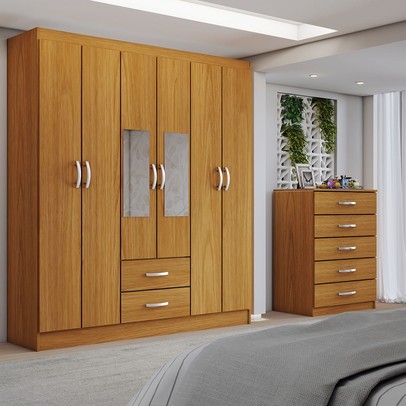 Guarda-Roupa Casal Dominic 6 Portas 2 Gavetas e Espelho com Cômoda 5 Gavetas Cinamomo - Panorama Móveis