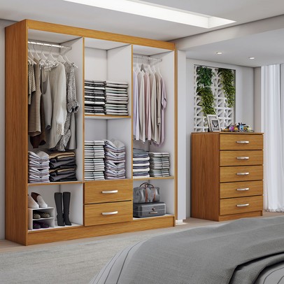 Guarda-Roupa Casal Dominic 6 Portas 2 Gavetas e Espelho com Cômoda 5 Gavetas Cinamomo - Panorama Móveis