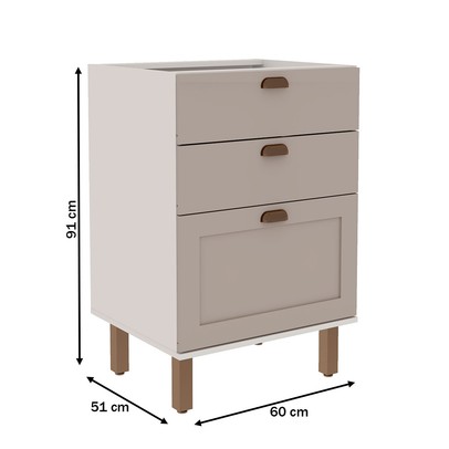 Balcão de Cozinha 60cm Iluminata 100% Mdf 3 Gavetas Branco/Fendi - Genialflex