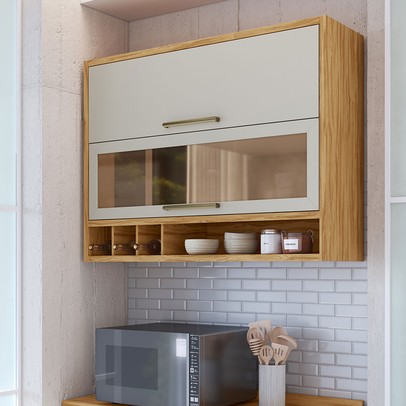 Armário Aéreo Cozinha 120 Cm Syrah 2 Portas com Vidro 100% Mdf Amêndoa/Off White - Rio Doce