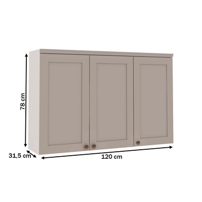 Armário Aéreo Cozinha 120cm Iluminata 100% Mdf 3 Portas Branco/Fendi - Genialflex