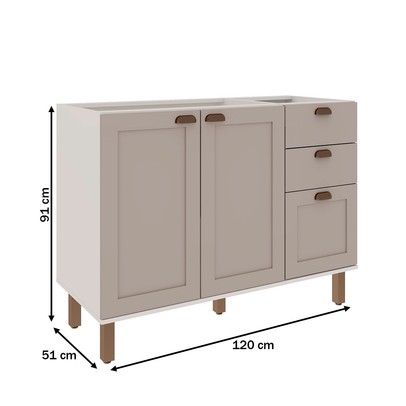Balcão de Cozinha 120cm Iluminata 100% Mdf 2 Portas 3 Gavetas Branco/Fendi - Genialflex