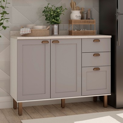 Balcão de Cozinha 120cm Iluminata 100% Mdf 2 Portas 3 Gavetas Branco/Fendi - Genialflex