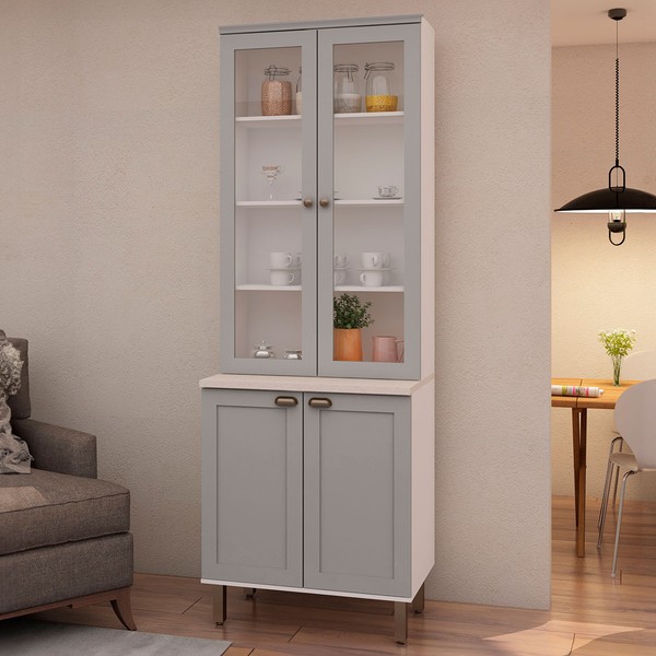 Cristaleira Iluminata 100% Mdf com 2 Portas de Vidro Branco/Fendi - Genialflex