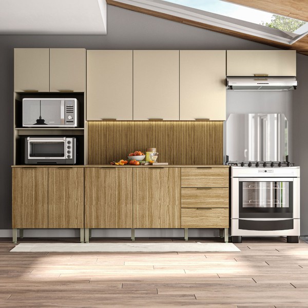 Cozinha Completa Glam 10 Portas 3 Gavetas Ripado 3d Freijo/Vanilla -  Kits Paraná