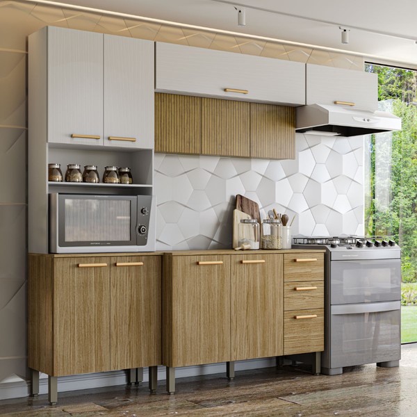 Cozinha Compacta Urbane 12 Portas 2 Gavetas Ripado 3d Freijo/Supremo - Kits Paraná